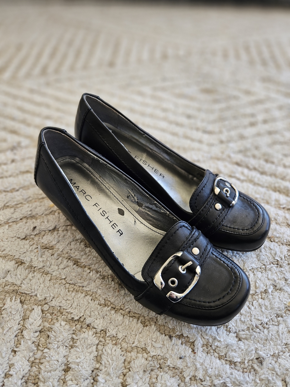 Marc Fisher Black Leather Buckle Wedge for Women Size 6